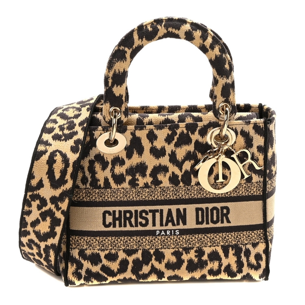 Christian Dior Leopard Print Canvas Medium Mizza Embroidered Lady D-Lite Beige